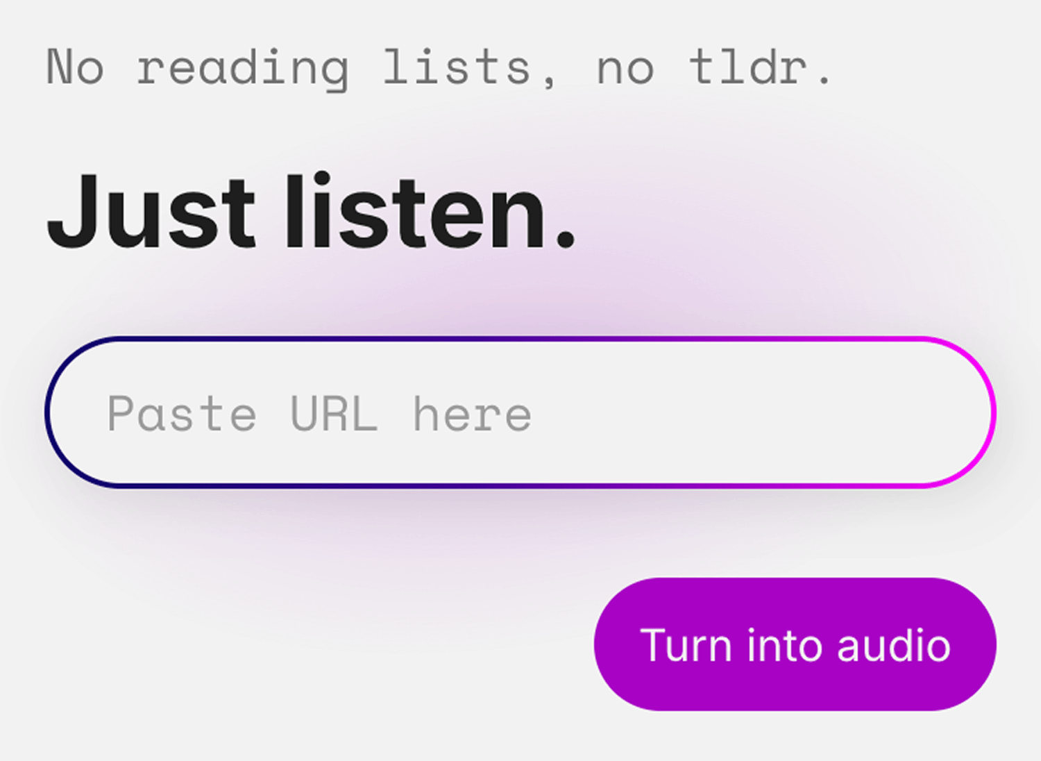 Cup - Create an Audiobook from a URL interface with a URL field and an Upload & listen button.
